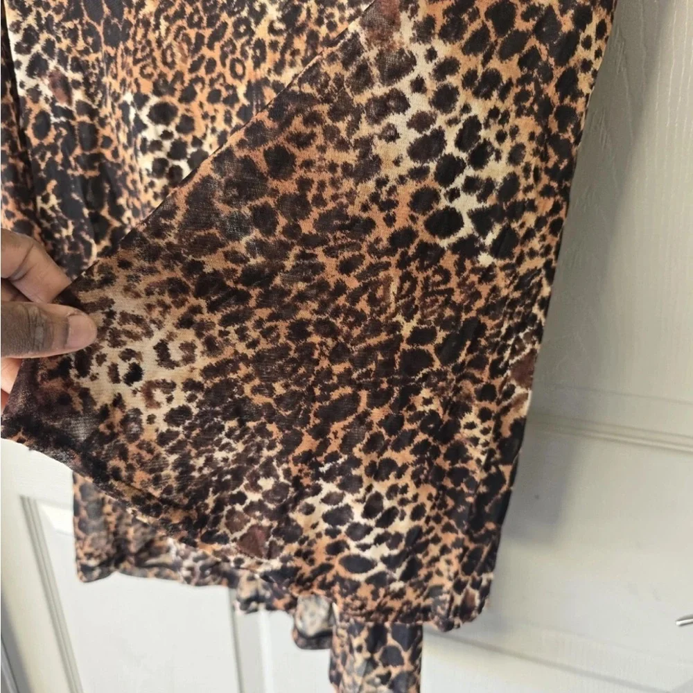 Alfani Women Blouse Size XL Animal Print Embroidery Flare 3/4 Sleeve Y2k Neutral